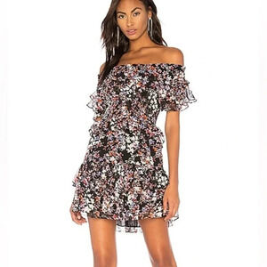 MISA Los Angeles Lilly Dress in Fall Floral Colorful Off Shoulder Ruffle Size L